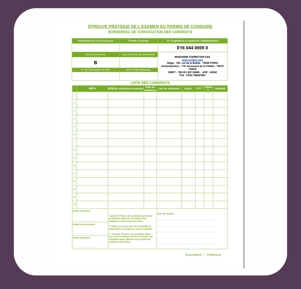 Bordereaux d'examen - PDF à télécharger