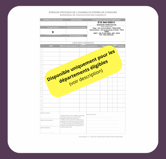 Bordereaux d'examen - Départements éligibles uniquement